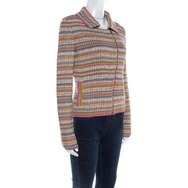 Pre Owned Chanel Multicolor Rib Knit Cotton Zip Front Jacket M