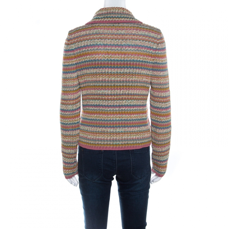 Pre Owned Chanel Multicolor Rib Knit Cotton Zip Front Jacket M