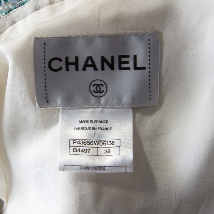 Pre Owned Chanel Green & Iridescent Tweed Inner Lambskin Front Tie Waistcoat Jacket M