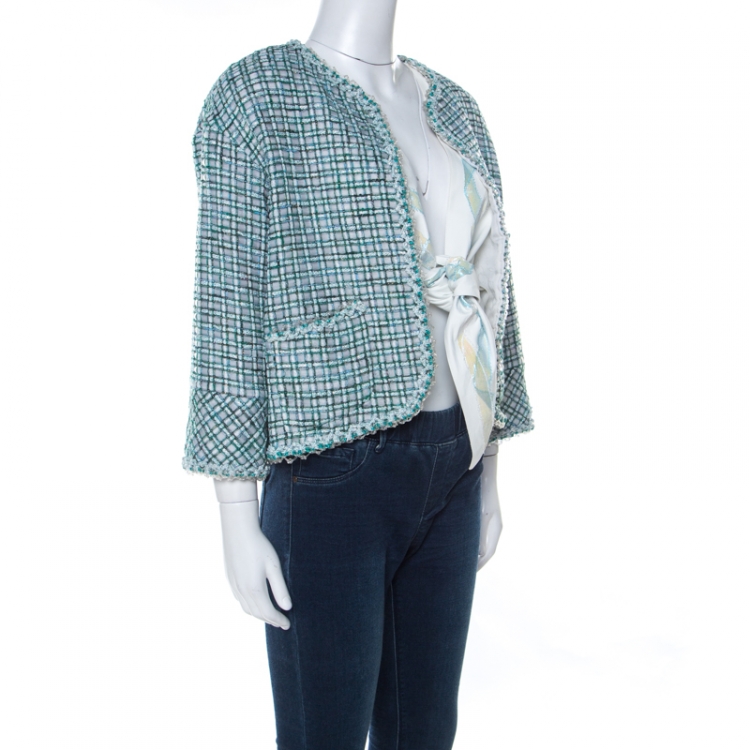 Pre Owned Chanel Green & Iridescent Tweed Inner Lambskin Front Tie Waistcoat Jacket M