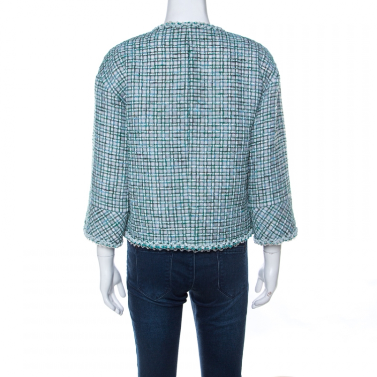 Pre Owned Chanel Green & Iridescent Tweed Inner Lambskin Front Tie Waistcoat Jacket M