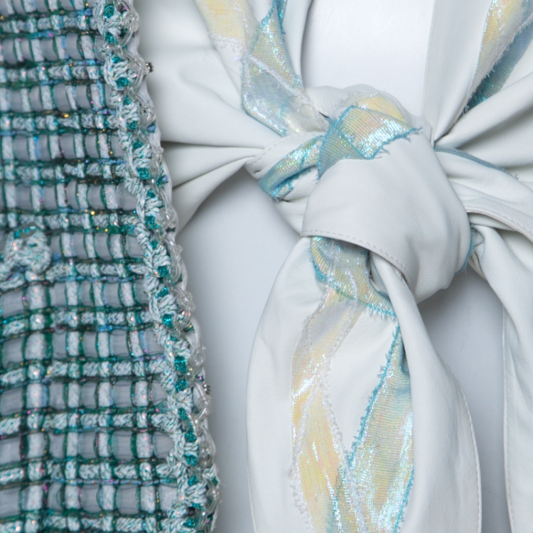 Pre Owned Chanel Green & Iridescent Tweed Inner Lambskin Front Tie Waistcoat Jacket M