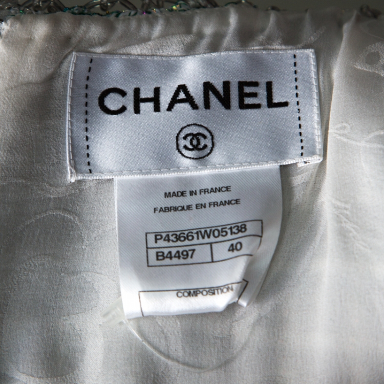 Pre Owned Chanel Green & White Tweed and Lambskin Iridescent Detail Dress M
