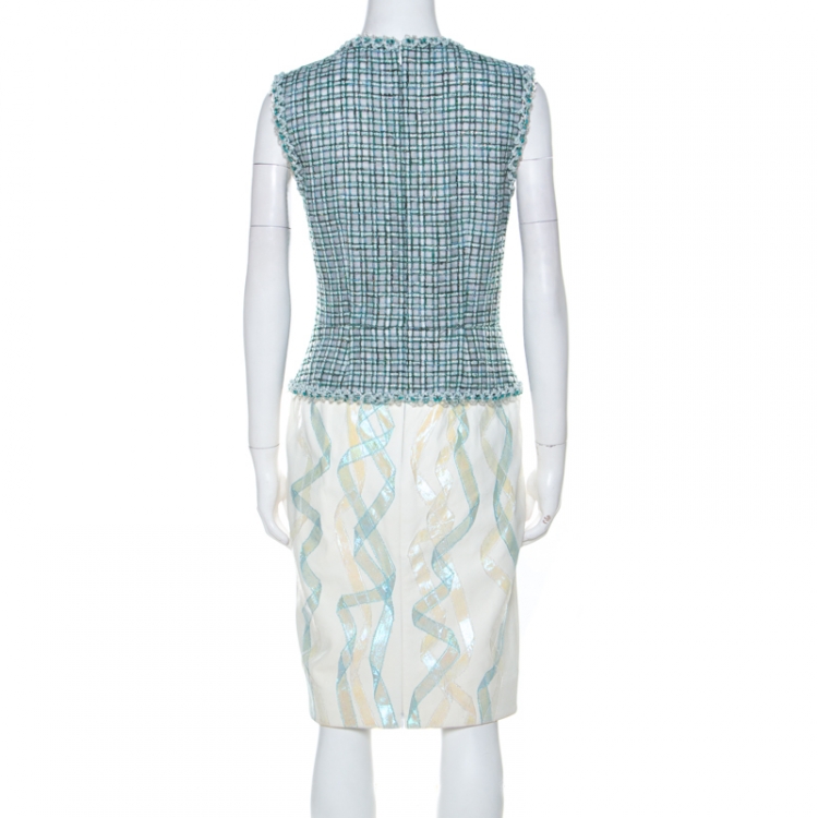 Pre Owned Chanel Green & White Tweed and Lambskin Iridescent Detail Dress M