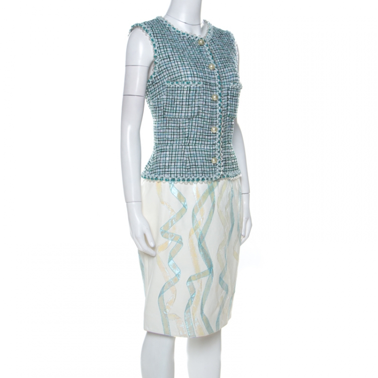 Pre Owned Chanel Green & White Tweed and Lambskin Iridescent Detail Dress M