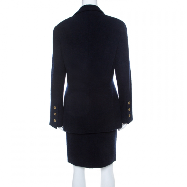 Pre Owned Chanel Boutique Vintage Navy Blue Boucle Wool Skirt Suit L 