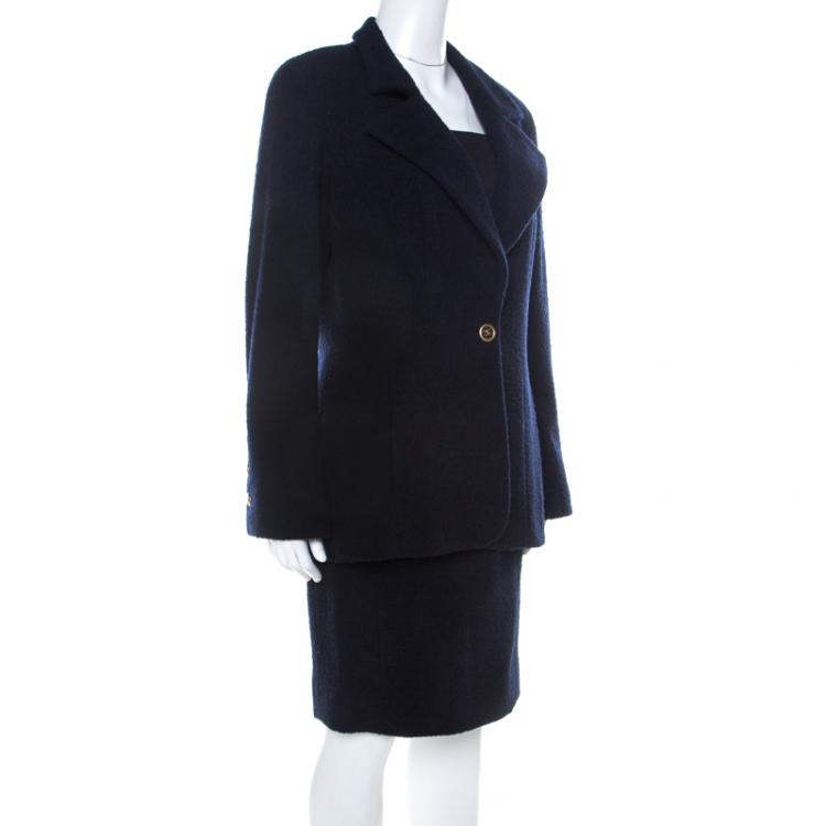Pre Owned Chanel Boutique Vintage Navy Blue Boucle Wool Skirt Suit L 
