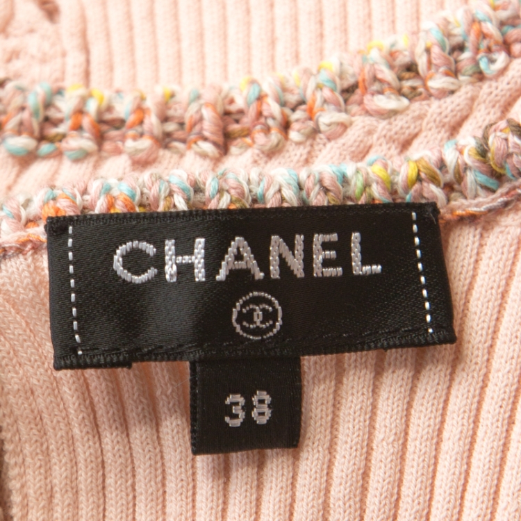 Pre Owned Chanel Pink Ribbed Knit Coco Cuba Short Sleeve Top M