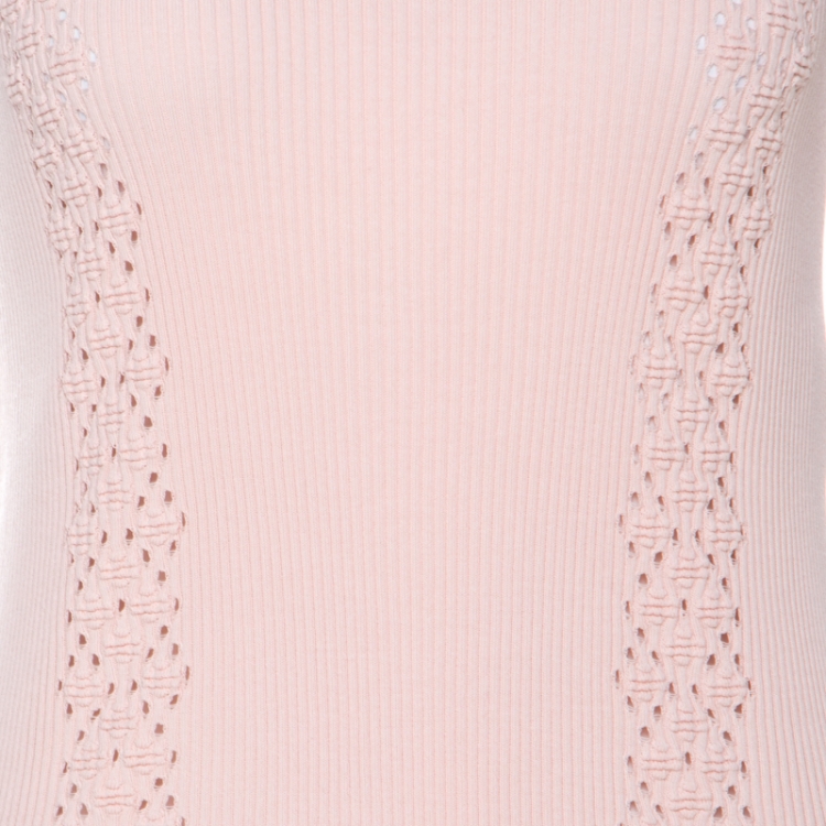 Pre Owned Chanel Pink Ribbed Knit Coco Cuba Short Sleeve Top M