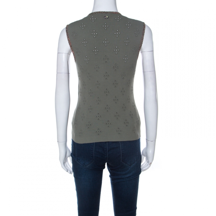 Pre Owned Chanel Olive Green Ribbed Knit Coco Cuba Sleeveless Top M