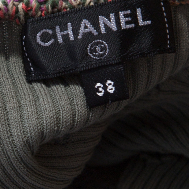 Pre Owned Chanel Olive Green Ribbed Knit Coco Cuba Sleeveless Top M