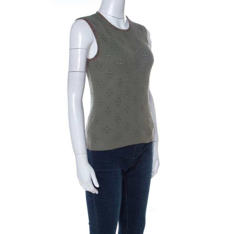 Pre Owned Chanel Olive Green Ribbed Knit Coco Cuba Sleeveless Top M