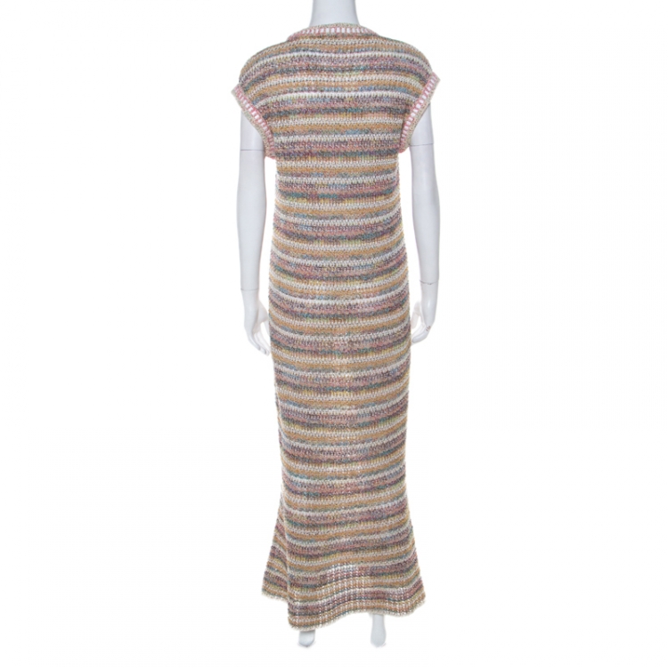 Pre Owned Chanel Multicolor Striped Knit Flared Maxi Dress M 