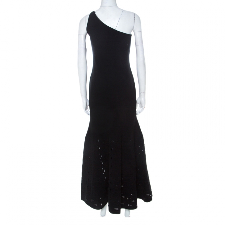 Pre Owned Chanel Black Jersey One Shoulder Open Knit Flounce Hem Detail Dress M