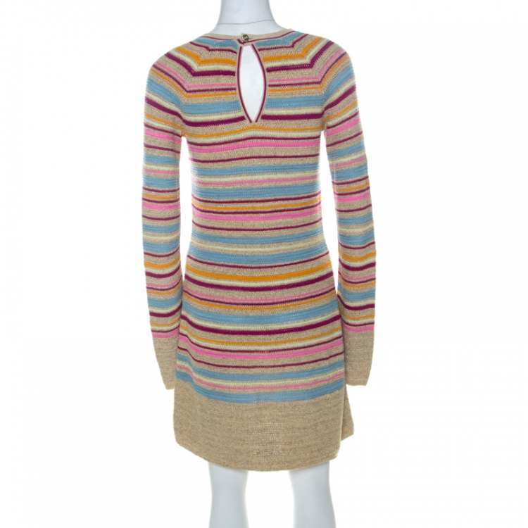 Pre Owned Chanel Multicolor Lurex Striped Knit Long Sleeve Dress M