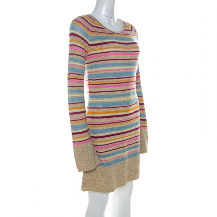Pre Owned Chanel Multicolor Lurex Striped Knit Long Sleeve Dress M