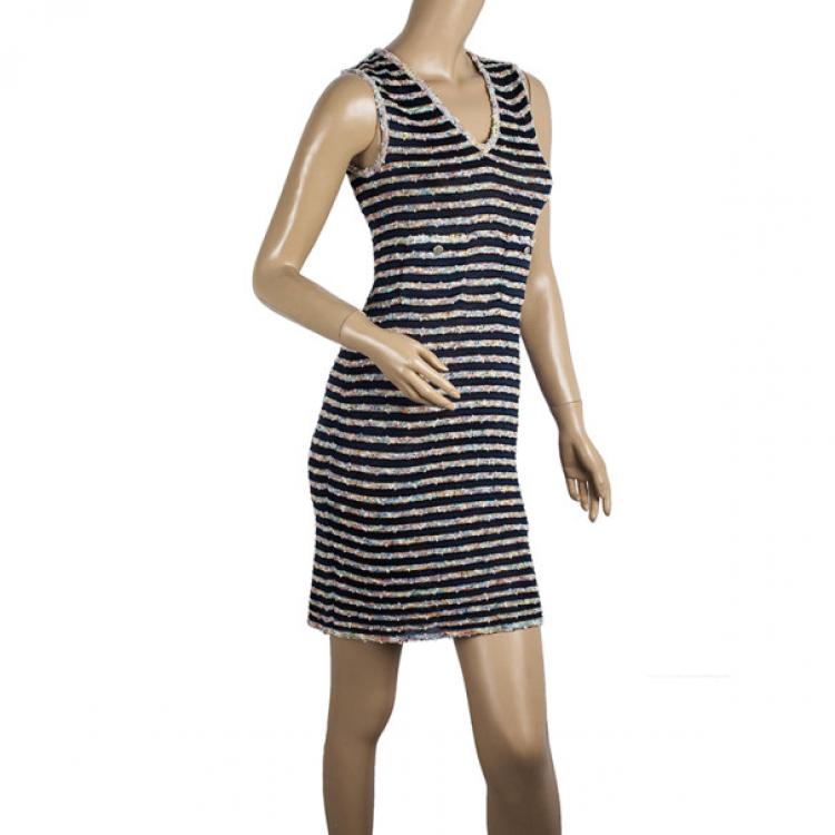 Pre Owned Chanel Stripe Tweed & Knit Dress S