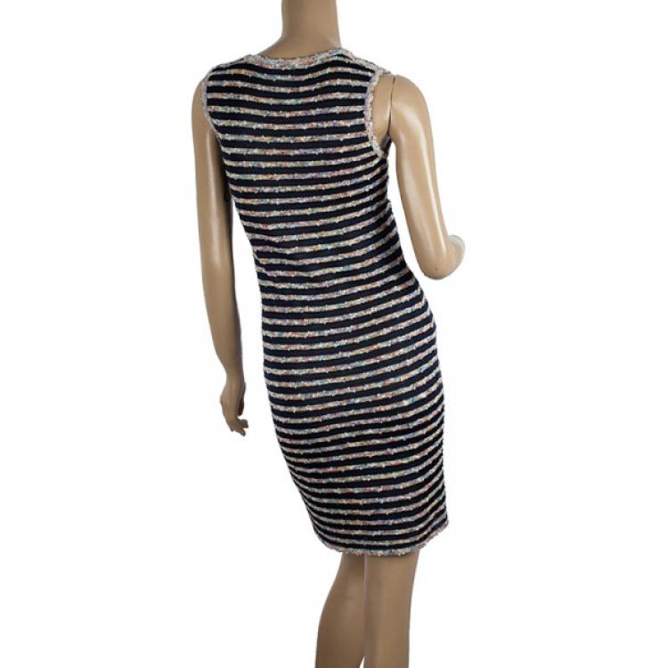 Pre Owned Chanel Stripe Tweed & Knit Dress S