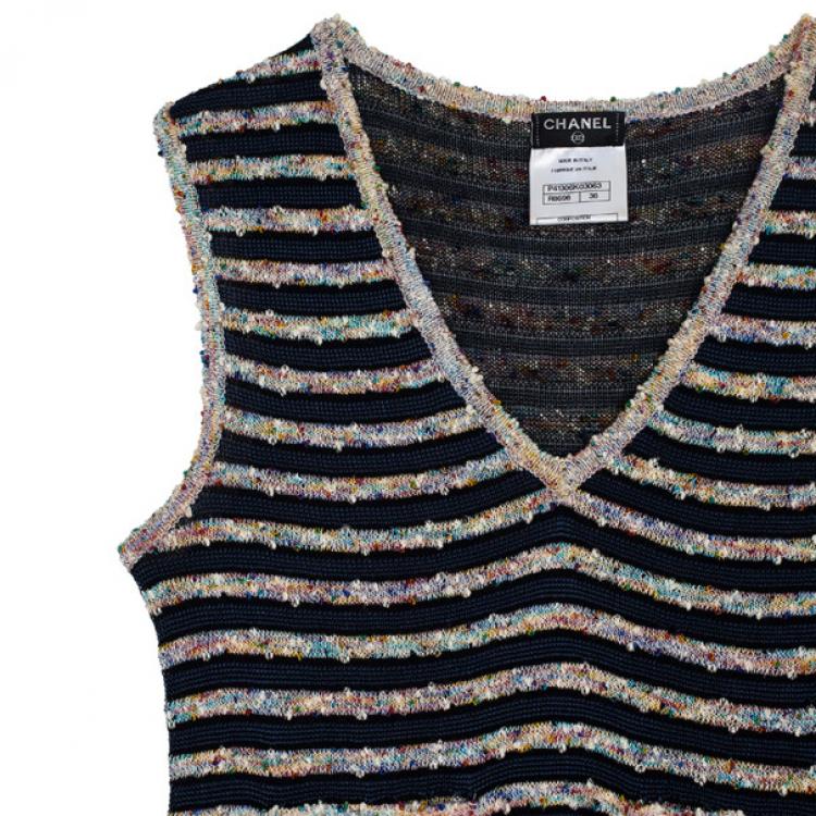 Pre Owned Chanel Stripe Tweed & Knit Dress S