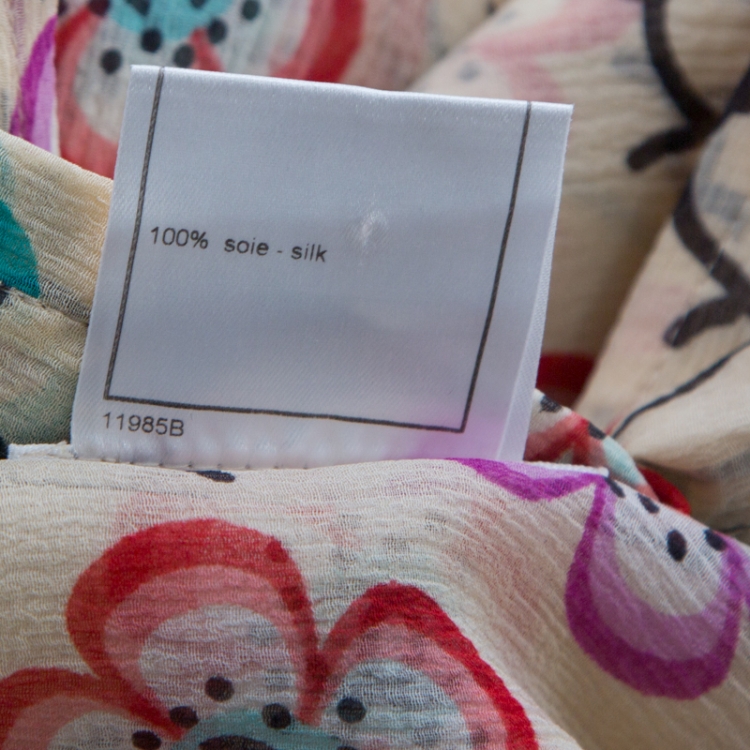 Pre Owned Chanel Cream Silk Chiffon Floral Logo Printed Sheer Shirt M 