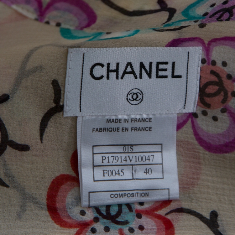 Pre Owned Chanel Cream Silk Chiffon Floral Logo Printed Sheer Shirt M 