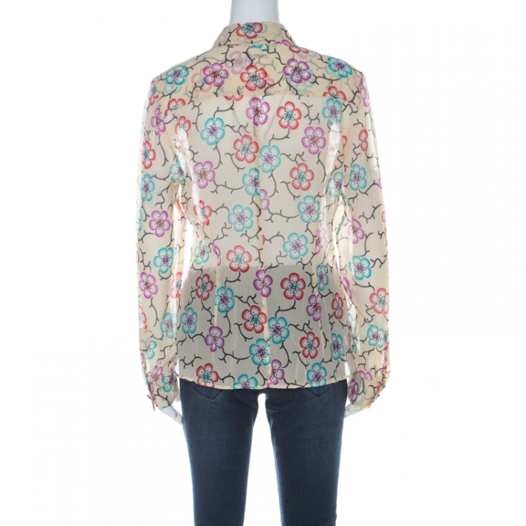 Pre Owned Chanel Cream Silk Chiffon Floral Logo Printed Sheer Shirt M 