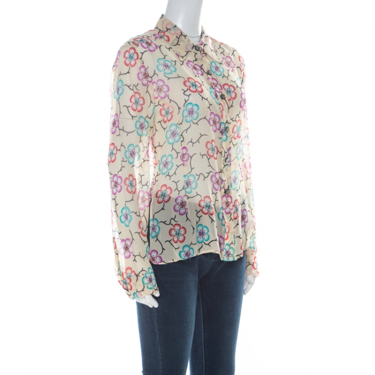Pre Owned Chanel Cream Silk Chiffon Floral Logo Printed Sheer Shirt M 