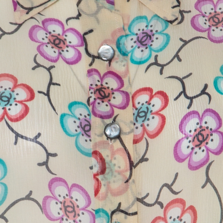 Pre Owned Chanel Cream Silk Chiffon Floral Logo Printed Sheer Shirt M 