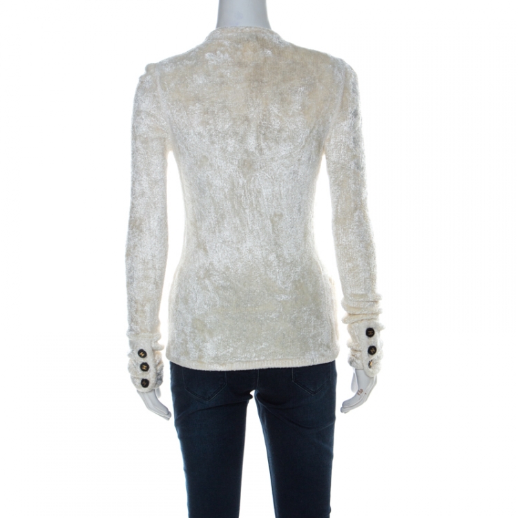 Pre Owned Chanel Off White Velvet Feel Button Detail Cardigan M