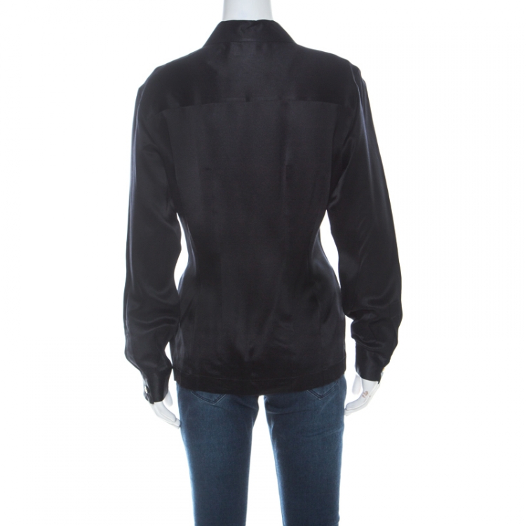 Pre Owned Chanel Vintage Black Silk Satin Button Front Classic Shirt M 