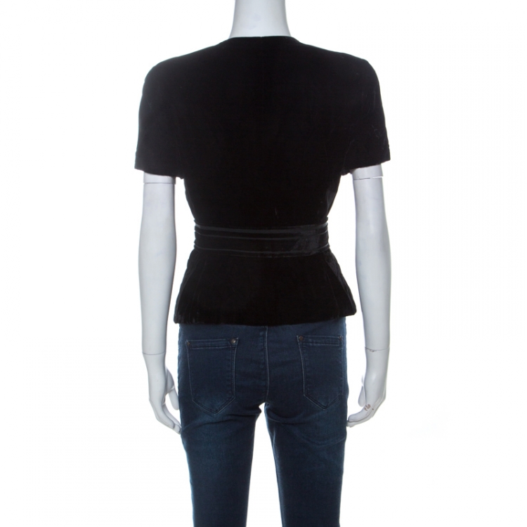 Pre Owned Chanel Black Velvet Stone Button Embellished Short Sleeve Belted Vintage Top M  