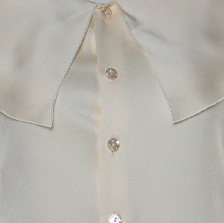 Pre Owned Chanel  Off White Silk Wide Bertha Collar Long Sleeve Top M