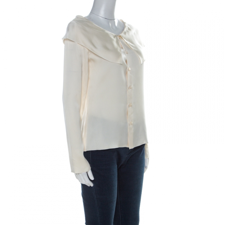 Pre Owned Chanel  Off White Silk Wide Bertha Collar Long Sleeve Top M