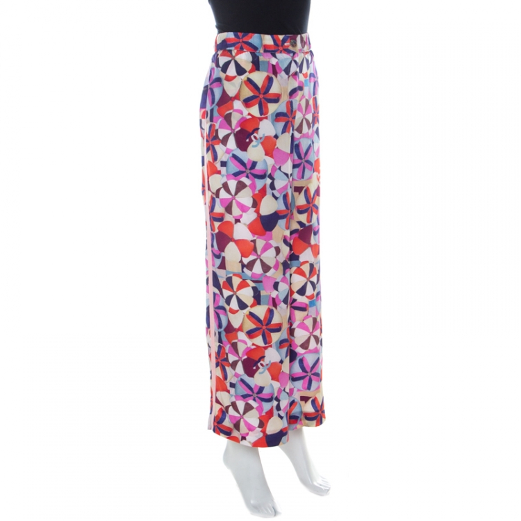 Pre Owned Chanel Multicolor Printed Silk Grosgrain Detail Wide Leg Trousers L