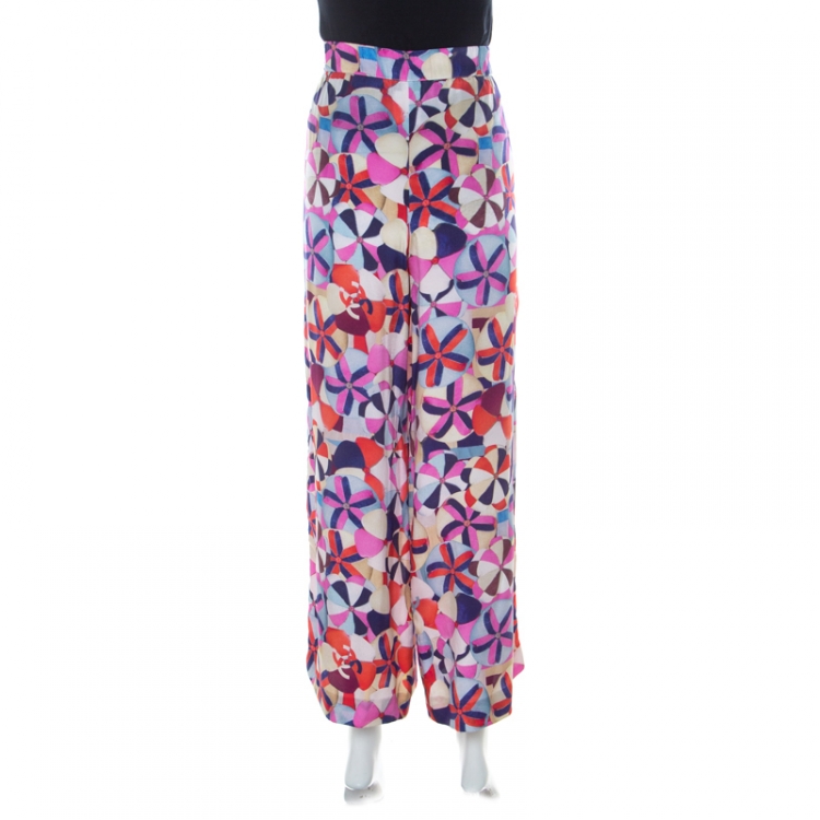 Pre Owned Chanel Multicolor Printed Silk Grosgrain Detail Wide Leg Trousers L