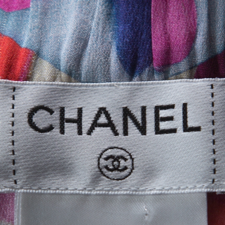 Pre Owned Chanel Multicolor Printed Silk Grosgrain Detail Wide Leg Trousers L