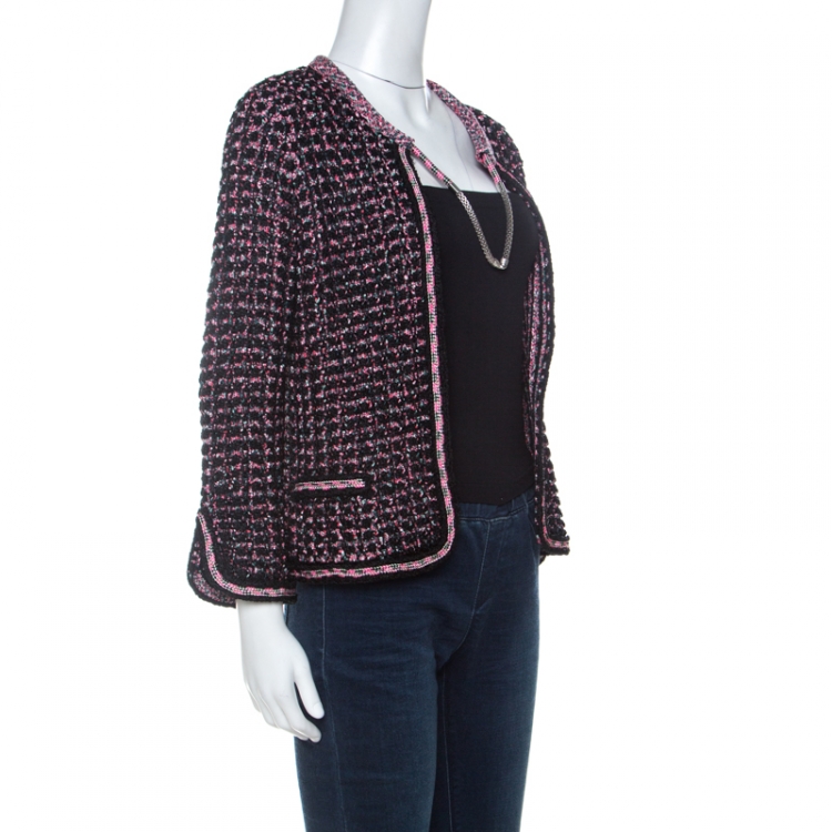 Pre Owned Chanel Black & Pink Tweed Neck Chain Detail Jacket L