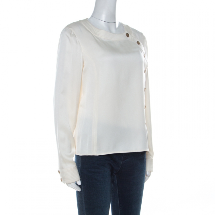 Pre Owned Chanel Cream Silk Gold Button Detail Blouse L