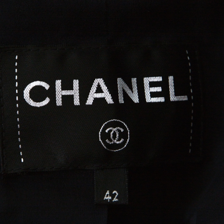 Pre Owned  Chanel Navy Blue Tweed Bead Detail Zip Up Jacket L