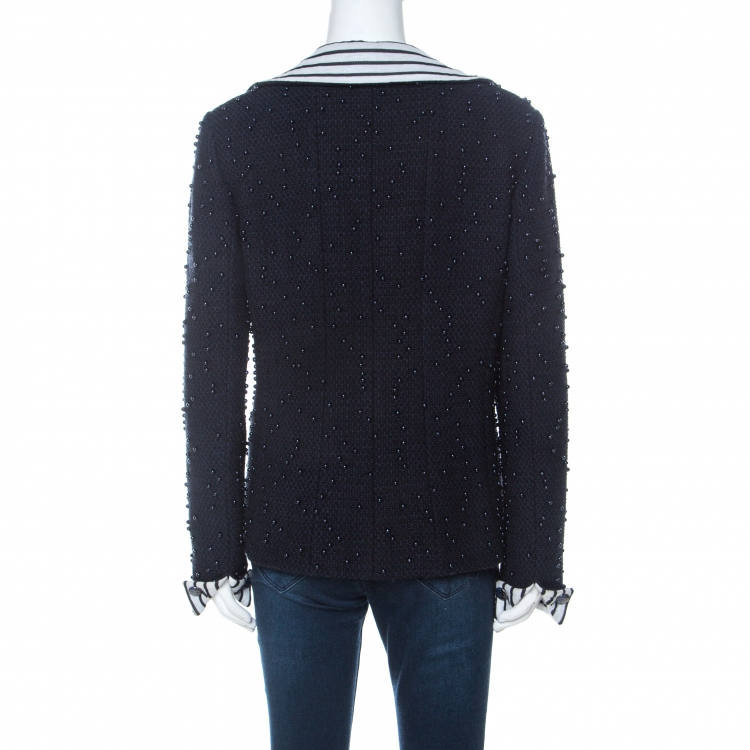Pre Owned  Chanel Navy Blue Tweed Bead Detail Zip Up Jacket L