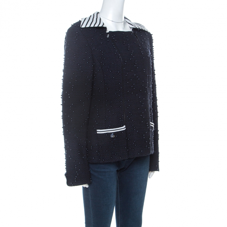 Pre Owned  Chanel Navy Blue Tweed Bead Detail Zip Up Jacket L