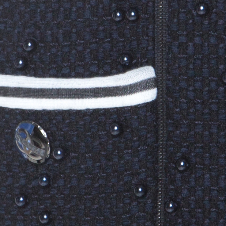 Pre Owned  Chanel Navy Blue Tweed Bead Detail Zip Up Jacket L