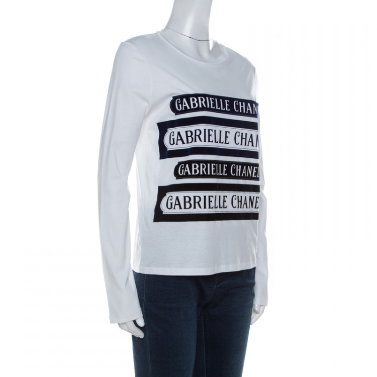 Chanel White Cotton Long Sleeve Velvet Detail Gabrielle T Shirt S Chanel