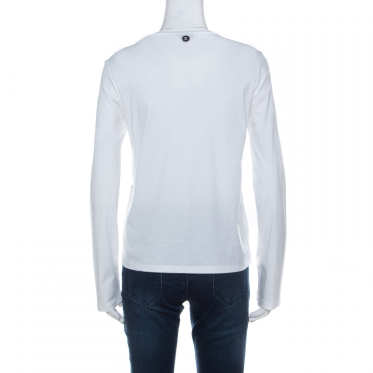 Pre Owned Chanel White Cotton Long Sleeve Velvet Detail Gabrielle T Shirt S