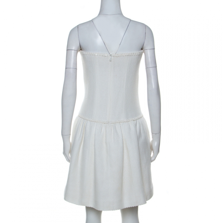 Pre Owned Chanel White Crochet Knit Cotton Blend Strapless Short Dress M