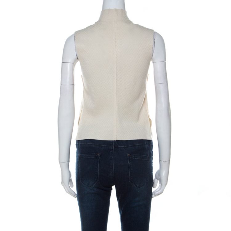 Pre Owned Chanel Ivory Geometric Knit Silk Blend Mandarin Collar Vest Jacket S