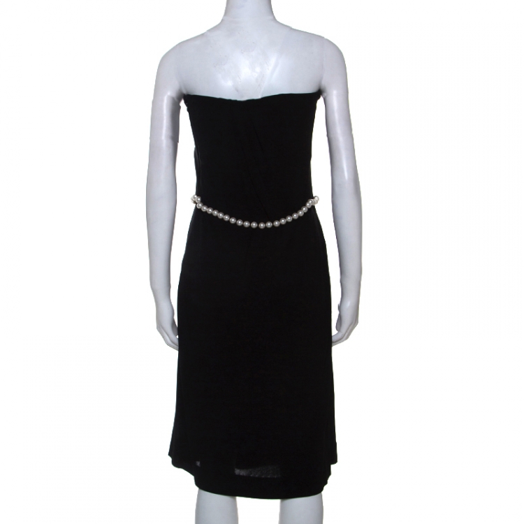 Pre Owned Chanel Black Stretch Crepe Pearl belted Strapless Dress M
