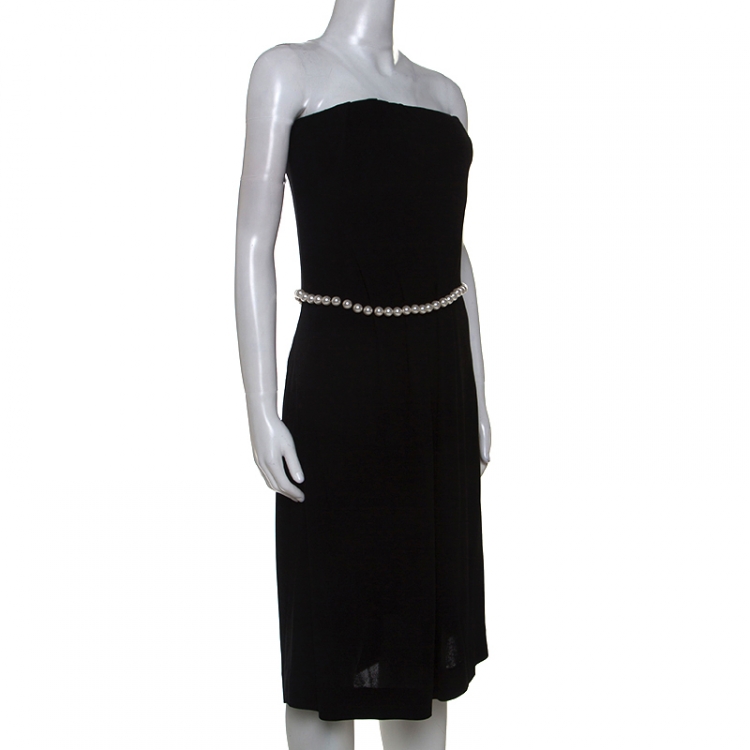 Chanel Black Stretch Crepe Pearl belted Strapless Dress M Chanel