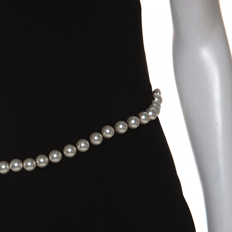 Pre Owned Chanel Black Stretch Crepe Pearl belted Strapless Dress M