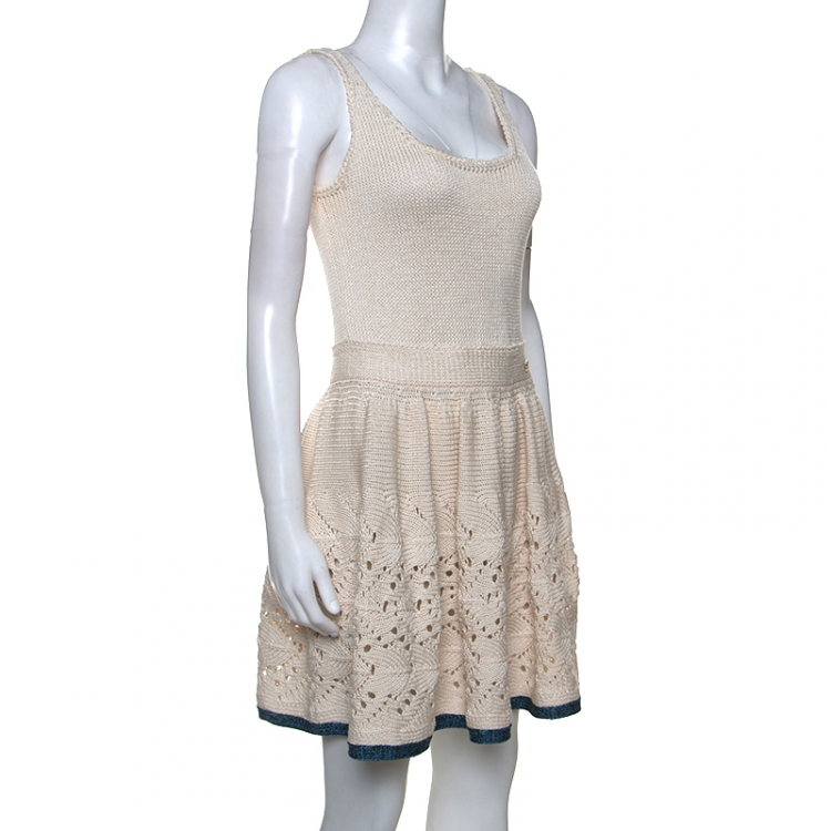 Pre Owned Chanel Cream Silk Blend Crochet Knit Sleeveless Dress M